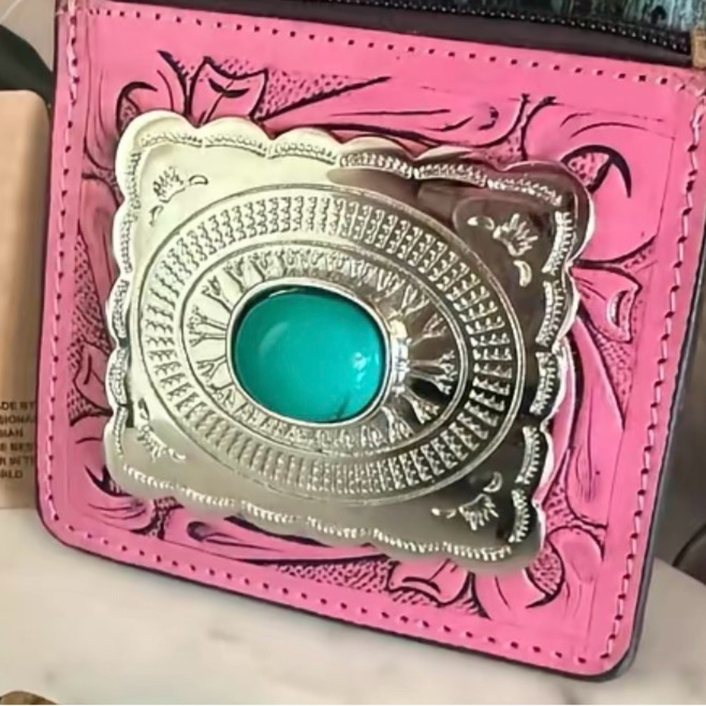 Pink Western-Style Zip Wallet with Turquoise Accent